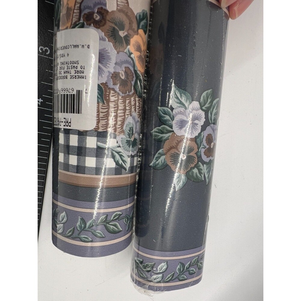 Vintage  Wallpaper Border Wide green gingham flower basket dw prepasted 2244